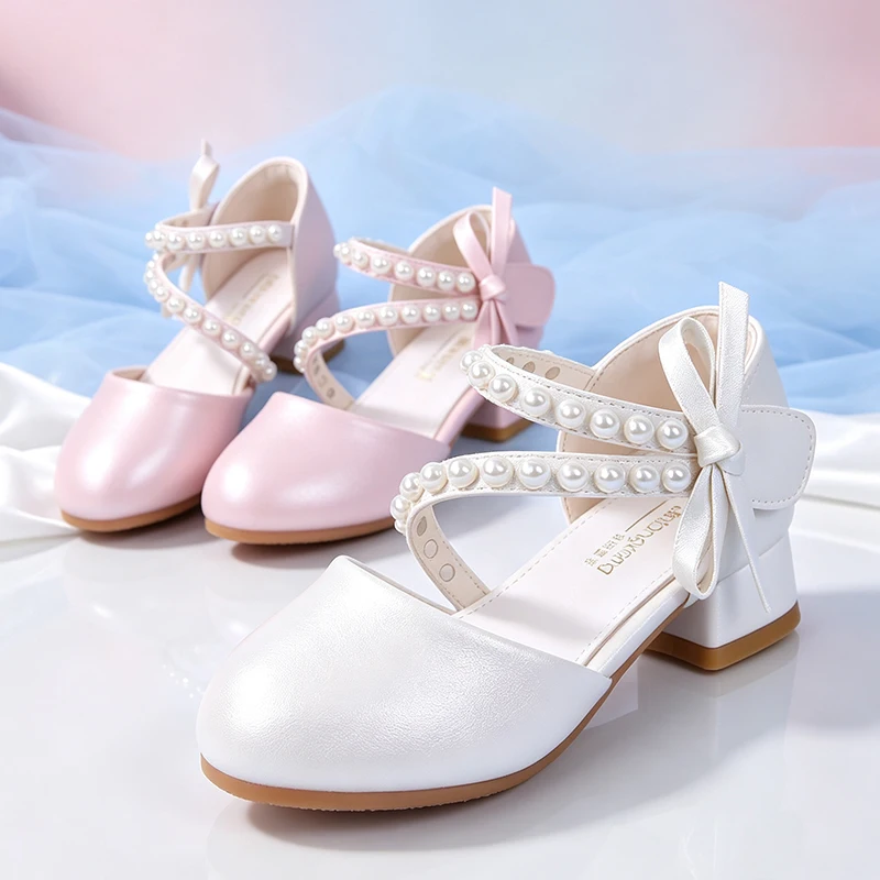 Gorgeous Girls High Heels Mary Jane Leather Shoes with Pearl Beaded Formal Kids Wedding Pageant Bridesmaid Communion Graduation