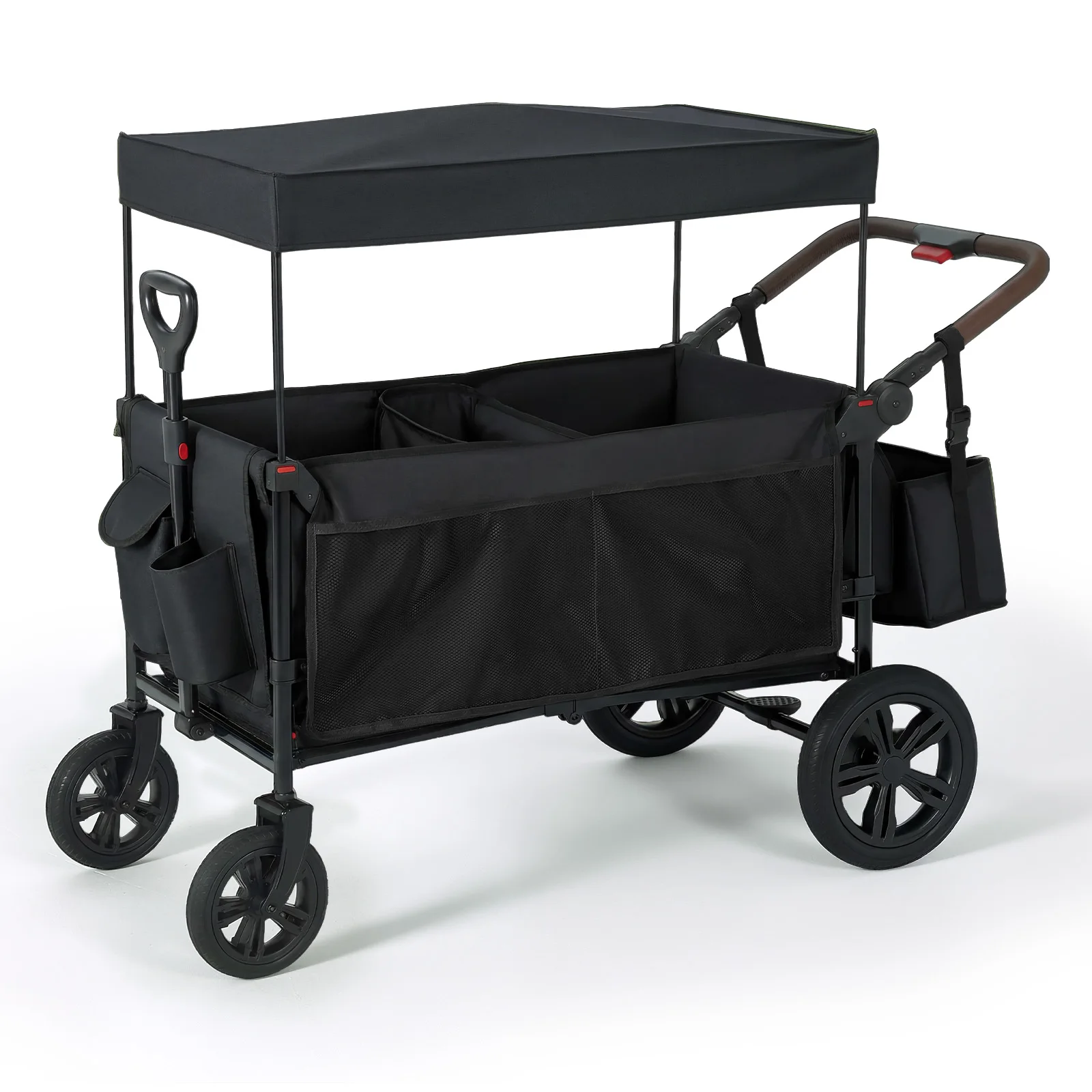 2-Seat Collapsible All-Terrain Stroller Wagon - Push/Pull Outdoor Cart with One-Hand Adjustable Handle - Removable Canopy, 5-Point Harness, Large Storage Pocket - Black (Cationic Cloth)