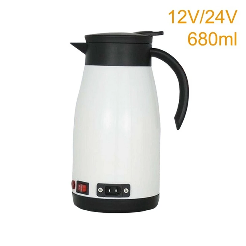 680ml 12V 24V Kettle Double-Layer Stainless Steel Anti-Scalding Electric Kettle Milk Coffee Heating Cup Car Accessories