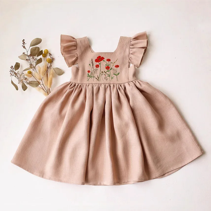 

2025 New Summer Girls' Short Flying Sleeve Embroidered Small Flower Countryside Fresh Style Cotton and Hemp Dress Ins