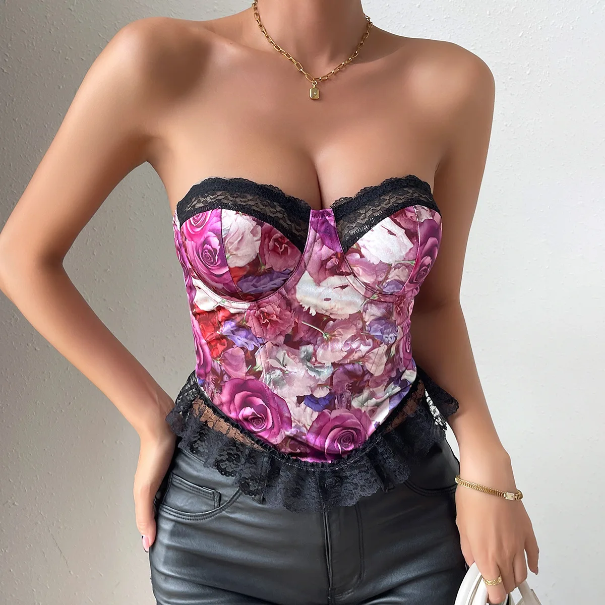 Sexy feminino impressão cetim espartilho ossos finos regatas rendas shaper bustier tubo superior sem mangas korset 2025 sunmmer streetwear outfit