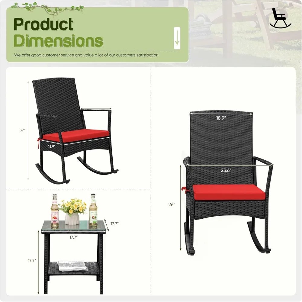 Outdoor PE Rattan Rocking Chair with Glass Table, High Back Porch Rocker for Balcony, Garden, Backyard - Red