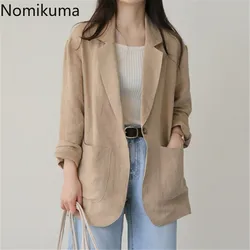 Nomikuma-Blazer en coton et lin pour femme, veste à manches longues, bouton unique, document solide, décontracté, tout match, nouveauté, 2022