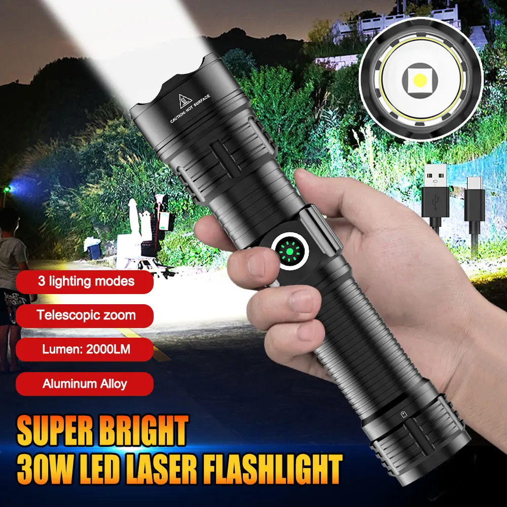 30W 2000lm Professional LED White Flashlight for Hunting Tactical Zoomable 3 Modes Night Scout Lights Set With Rifle Scope Mount