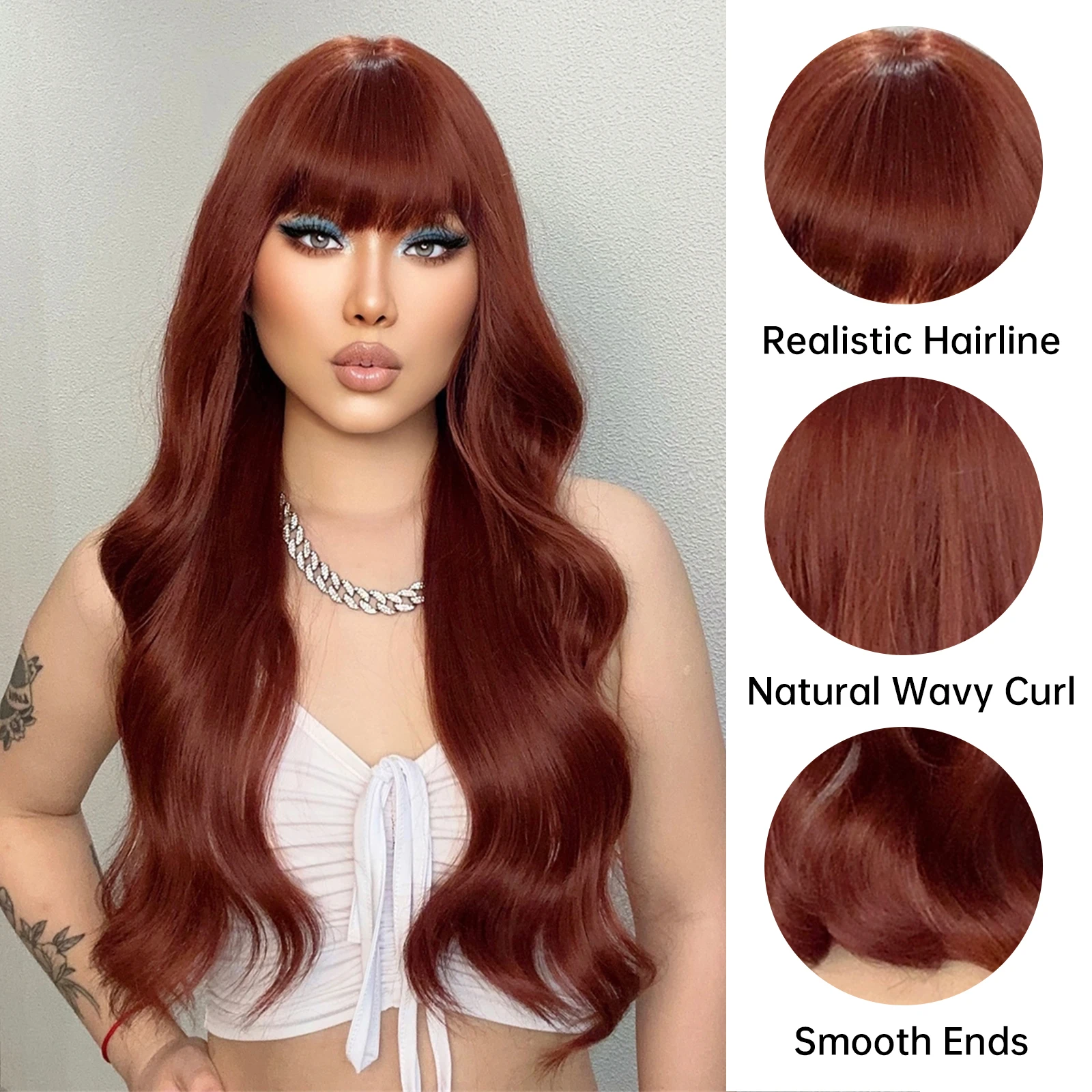 LOUIS FERRE Wine Red Wavy Synthetic Wig Long Wavy Natural Hair With Bangs Daily Cosplay Heat Resistant Fashion Women Wig Hair