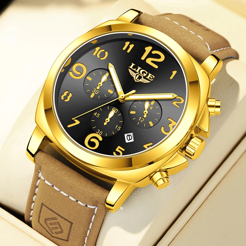 

LIGE Outdoor Sports Watches For Men Fashion Business Leather Men's Quartz Wristwatches Waterproof Luminous Big Dial Watch Men