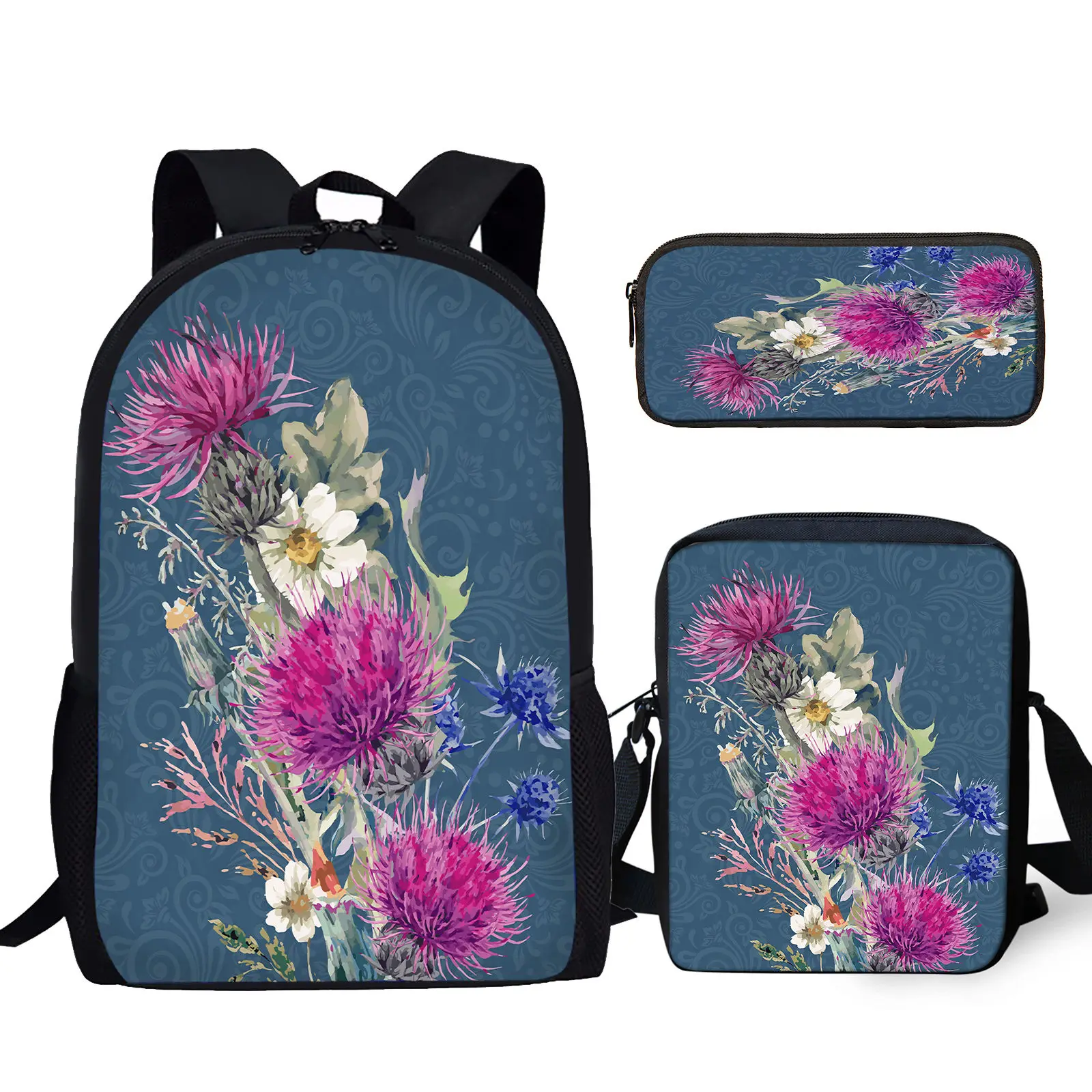 Blue Thistle/floral Print Durable Large Capacity Backpack Messenger Bag Pencil Case Casual Fashion Outdoor Travel Bag Knapsack