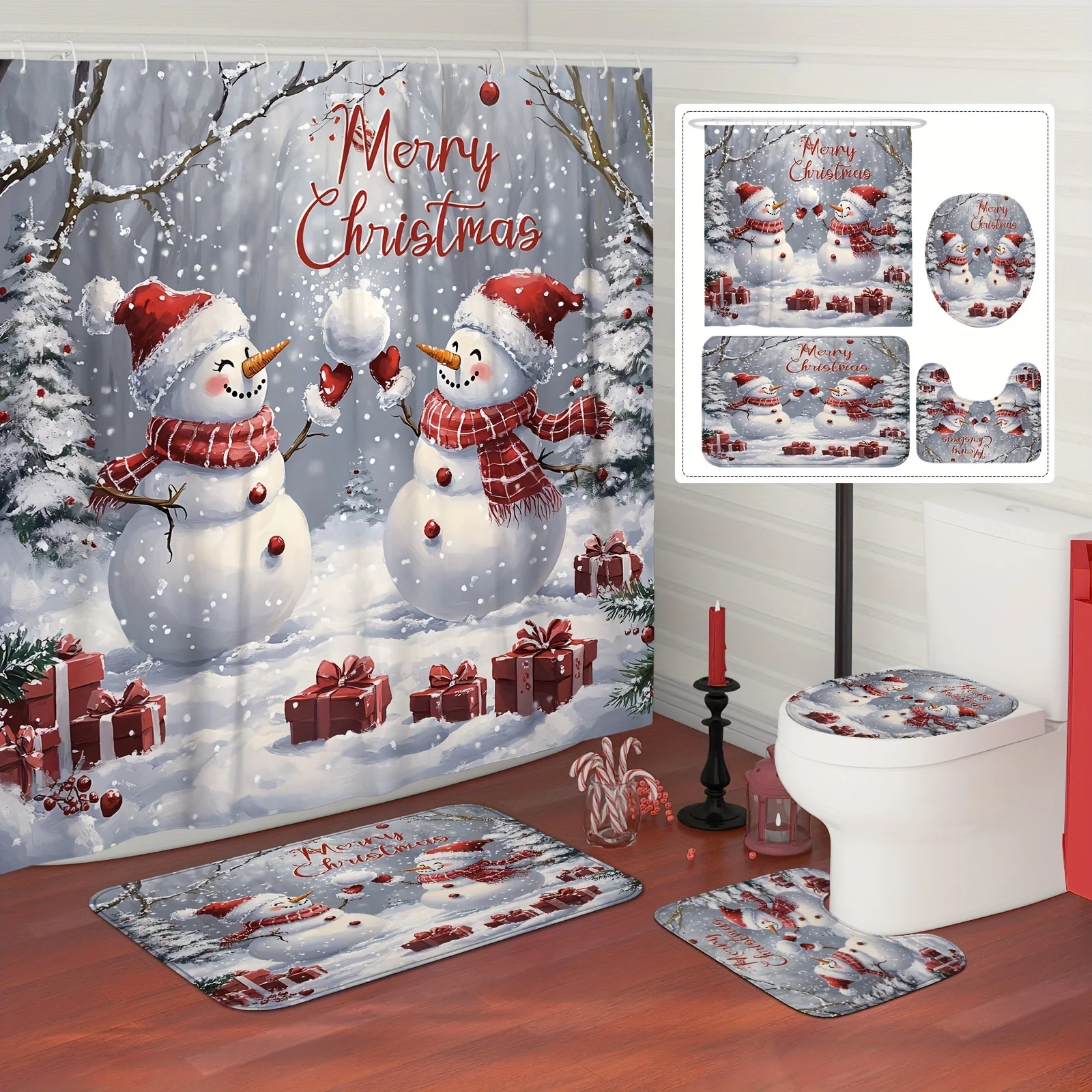 4Pcs Xmas Bath Set, Red White Snowman Tree, 12 Hooks, Non-Slip Mat, U-Shaped Cover, Machine Washable, Holiday Bathroom Decor