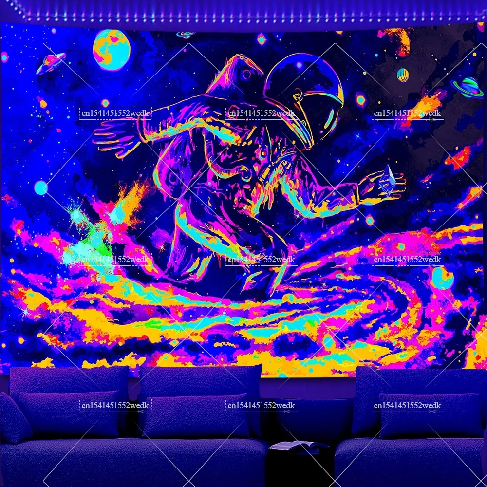 Blacklight Astronaut Mushroom Tapestry UV Reactive Space Galaxy Glow In The Dark Neon Tapestry Aesthetic Room Decor Backdrops
