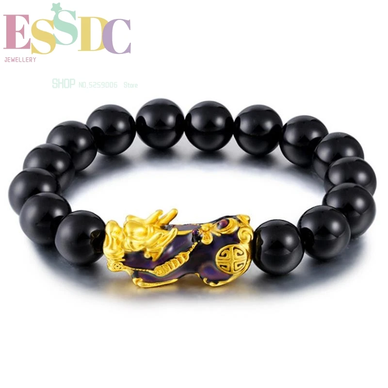 Wholesale Natural Black Obsidian  Lucky Sand Gold Thermochromic Pixiu Charm  Beaded Bracelet Men Jewelry Gift