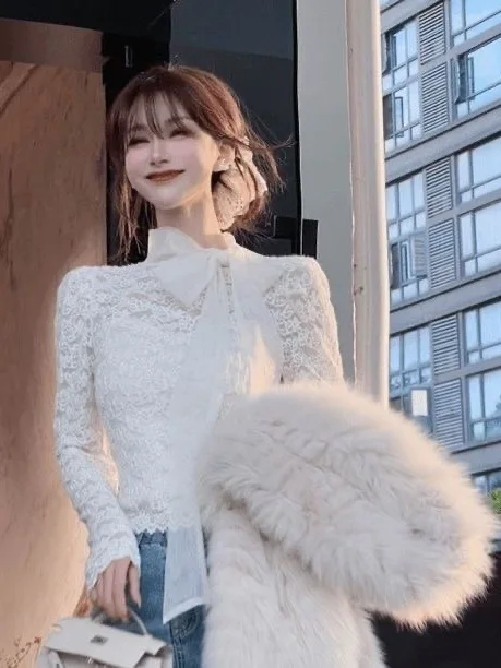 

Элегантная женская кружевная блузка с длинным рукавом и узлом, в нежном стиле, для офиса, приталенная, из полиэстера, теплая