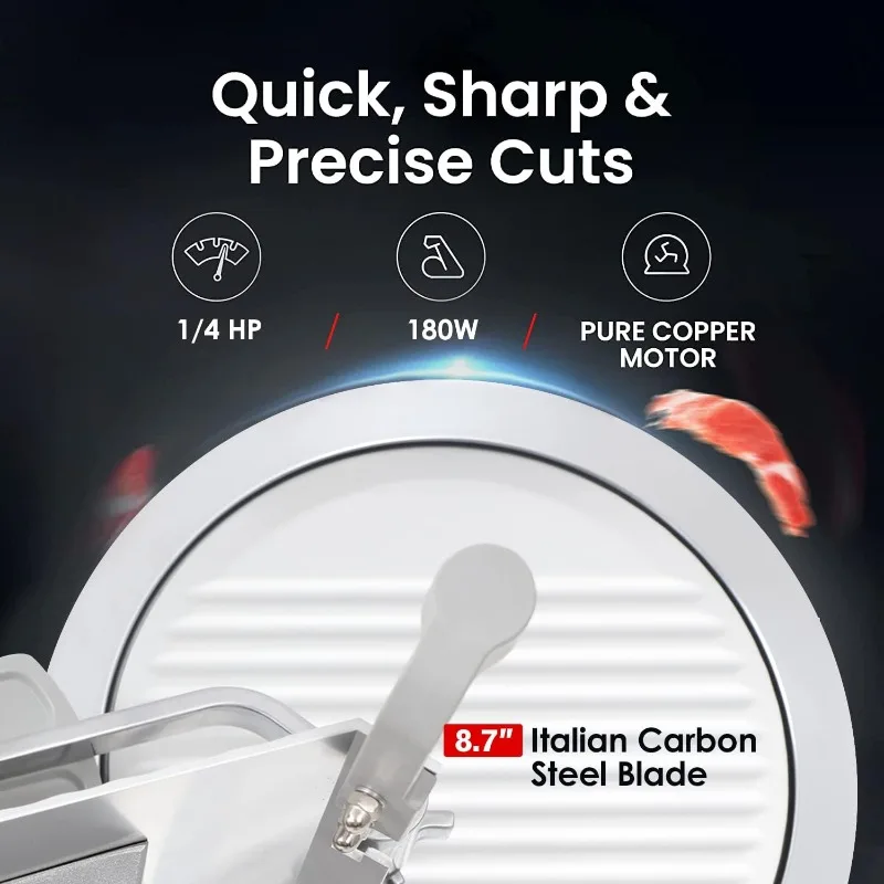 

8.7" Commercial Slicer 180w, 1/4 HP Electric Meat Slicer, Italian Carbon Steel Blade, Quiet Performance