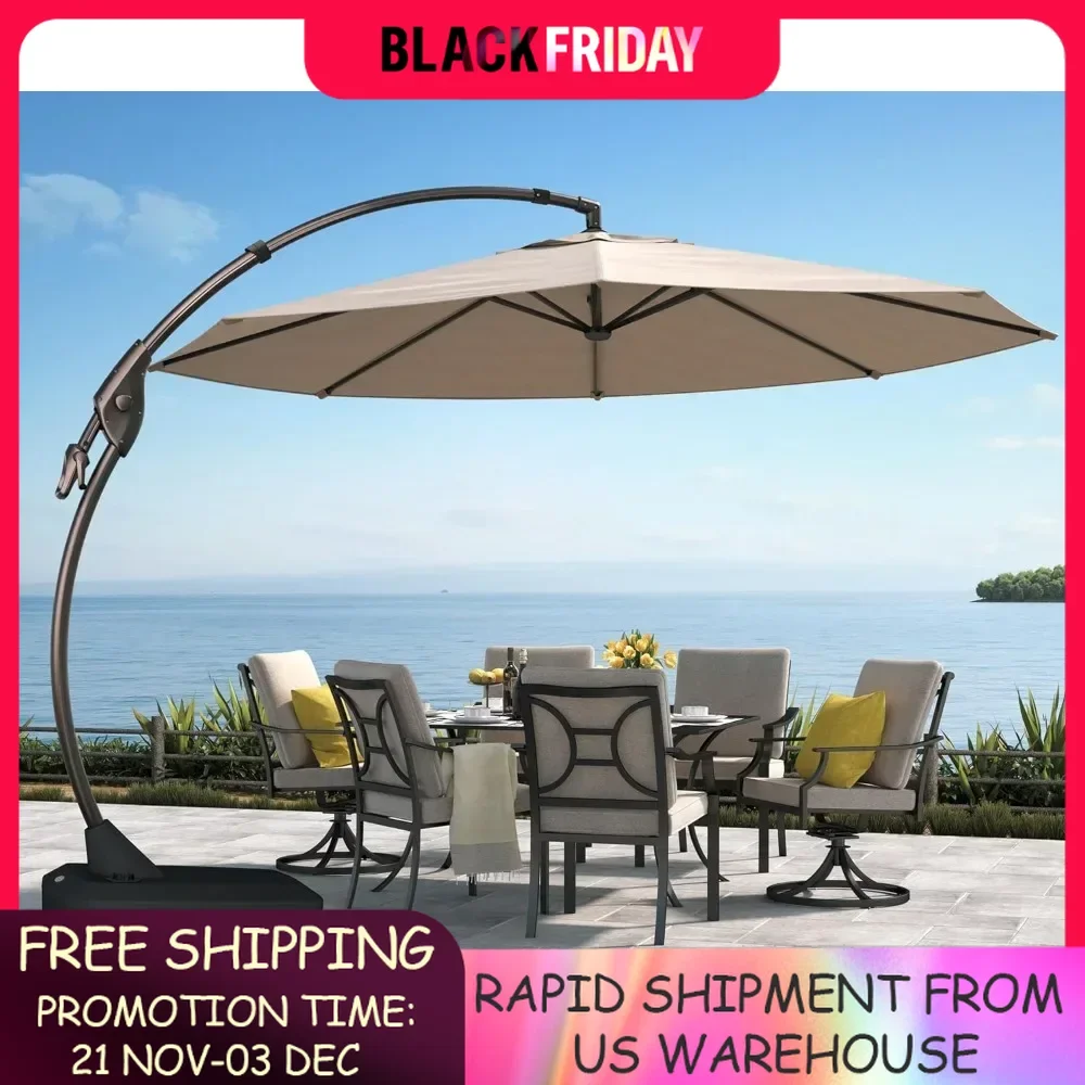 11FT Cantilever Umbrella with Base Outdoor Large Round Aluminum Offset Umbrella for Patio Garden Backyard (Champagne, 11 FT)