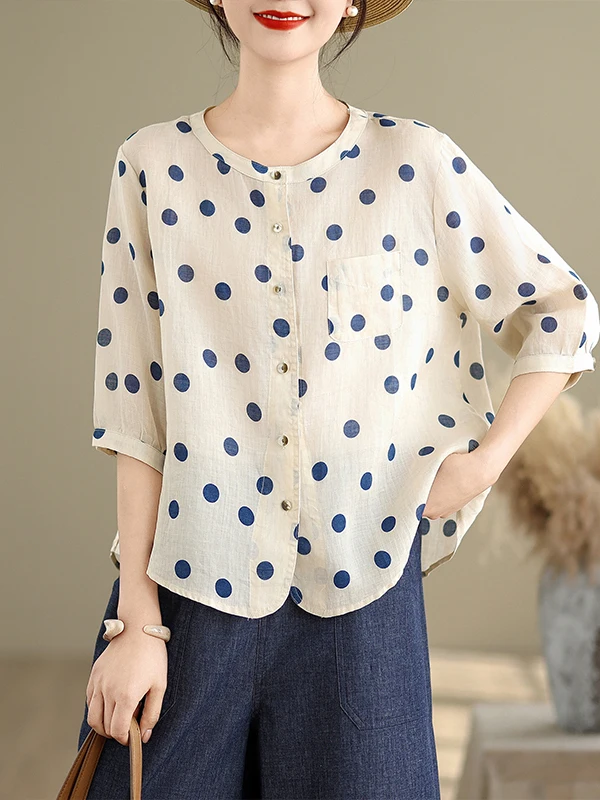 Décontracté ample lin irt femmes été nouveau Sle ort Sve à pois ouvert Cardigan Faion artistique couleur Blo Blouse