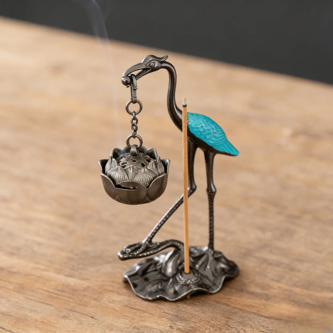 Tea House Ornaments Red-crowned Crane Hanging Lotus Incense Burner Sandalwood Fragrance Censer Incense Holder Home Decor