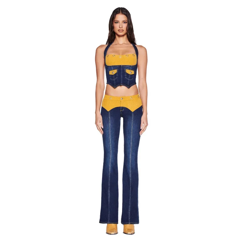 

I.AM.GIA Corduroy Denim Ne Hanging Patchwork Bra Top MIE Jeans Iia Faion Set Long Sve Hooded f Zipper Cotton Long P...