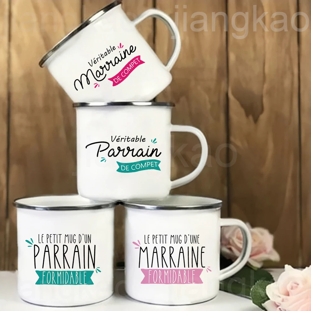 Französische Marraine Parrain Print Emaille Kaffeetasse Getränke Milch Tasse Camping Tassen Bestes Geburtstagsgeschenk für Patin Pate