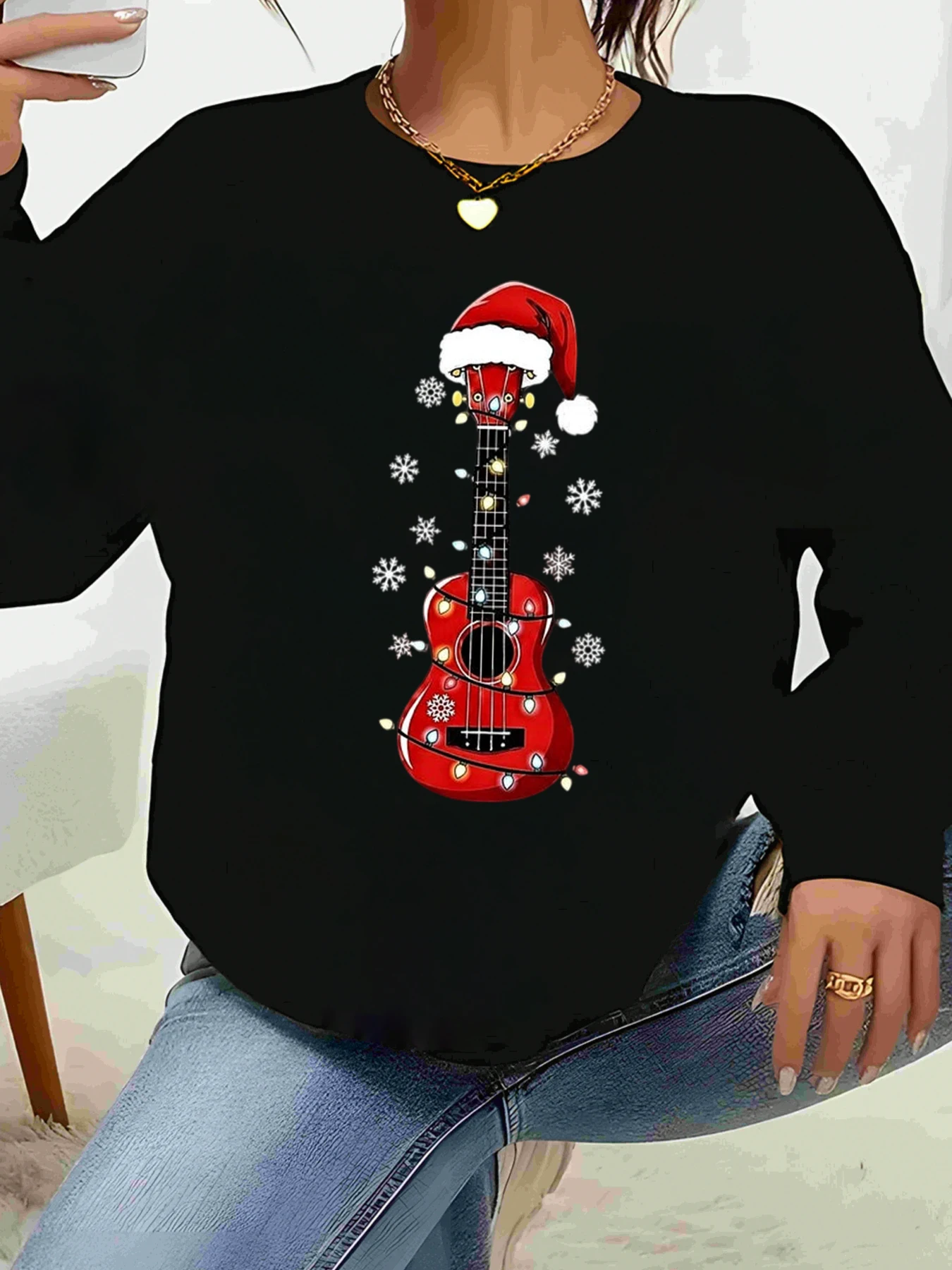 

Рождественский свитер с гитарным принтом, праздничная повседневная одежда, женский топ
