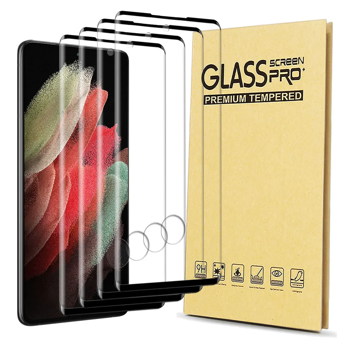 4-Pack For Samsung Galaxy S21/S21 Plus/S21 FE/S21 Ultra 5G Case Friendly Full Coverage Clear Tempered Glass Screen Protectors