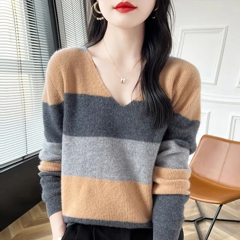 Frauen Koreanische Mode Kontrast Farbe Gestreiften Alle Spiel Gestrickte Pullover Herbst Winter Chic V-ausschnitt Langarm Lose Pullover Tops