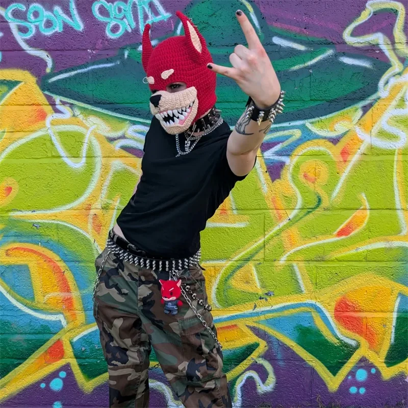 Handmade Crochet Wolf Balaclava with Devil Horns Sharp Fangs Knitted Ski Mask Gothic Punk Full Face Hat Halloween Cosplay Street