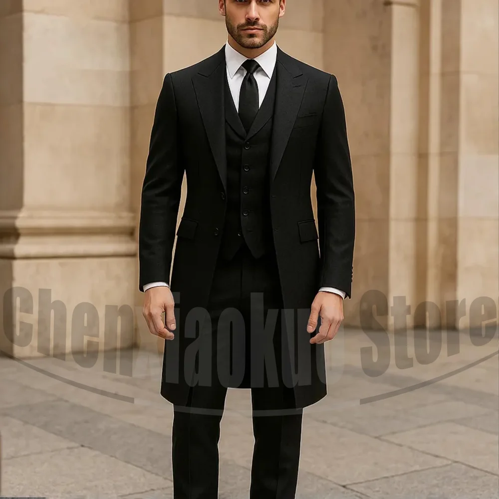 

Fashion Men Suit 3 Piece Single Breasted Long Blazer Vest and Pants Party Business Casual Outfit Formal Wedding Groom Tailcoat