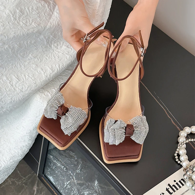 

ZOOKERLIN Square Toe Rhinestone Bow Women's Sandals Summer High Heels Genuine Leather Shoes For Women Fashion Outdoor Slippers