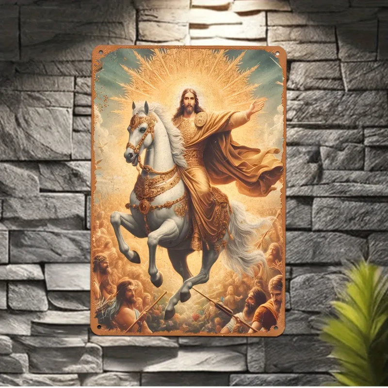 

Vintage Jesus & Horse Metal Wall Art, Rustic Aluminum Sign for Home, Garden, Yard Decor, Perfect Gift for Religious Enthusiasts