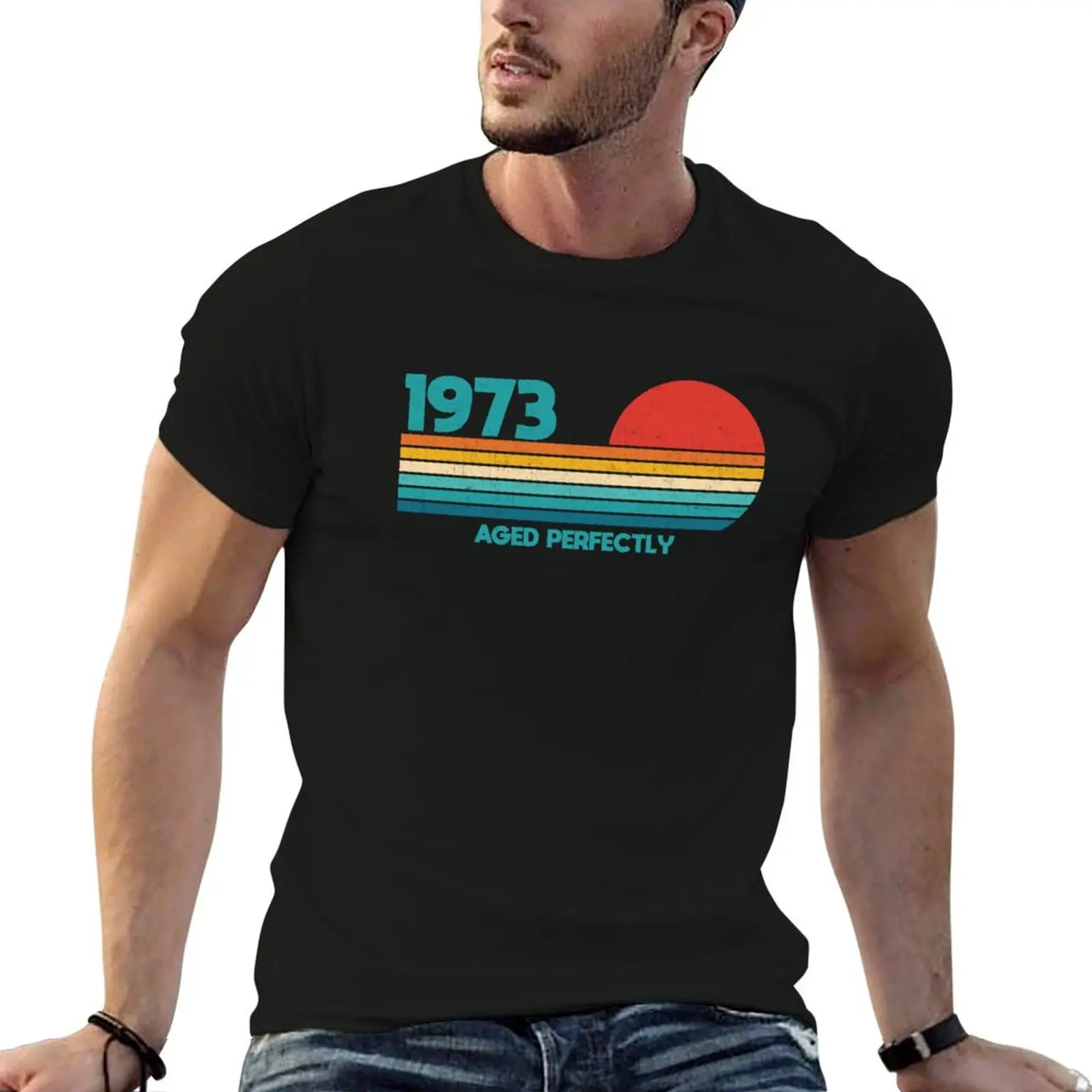 Born in 1973 Vintage Retro Sunset 50th Birthday T-Shirt Sports Casual Short Sleeve Cotton Tee