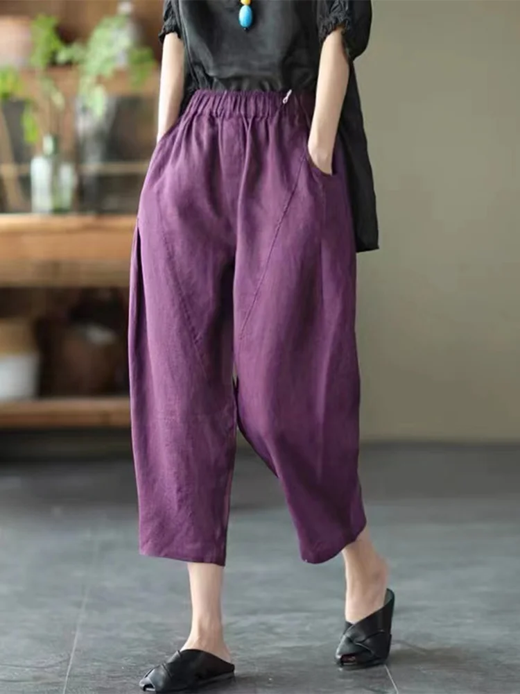 Pantaloni estivi da donna in lino di cotone sciolto Vita alta Harlan Sle Casual Loose Fit plus Size Pantaloni dimagranti a nove punti