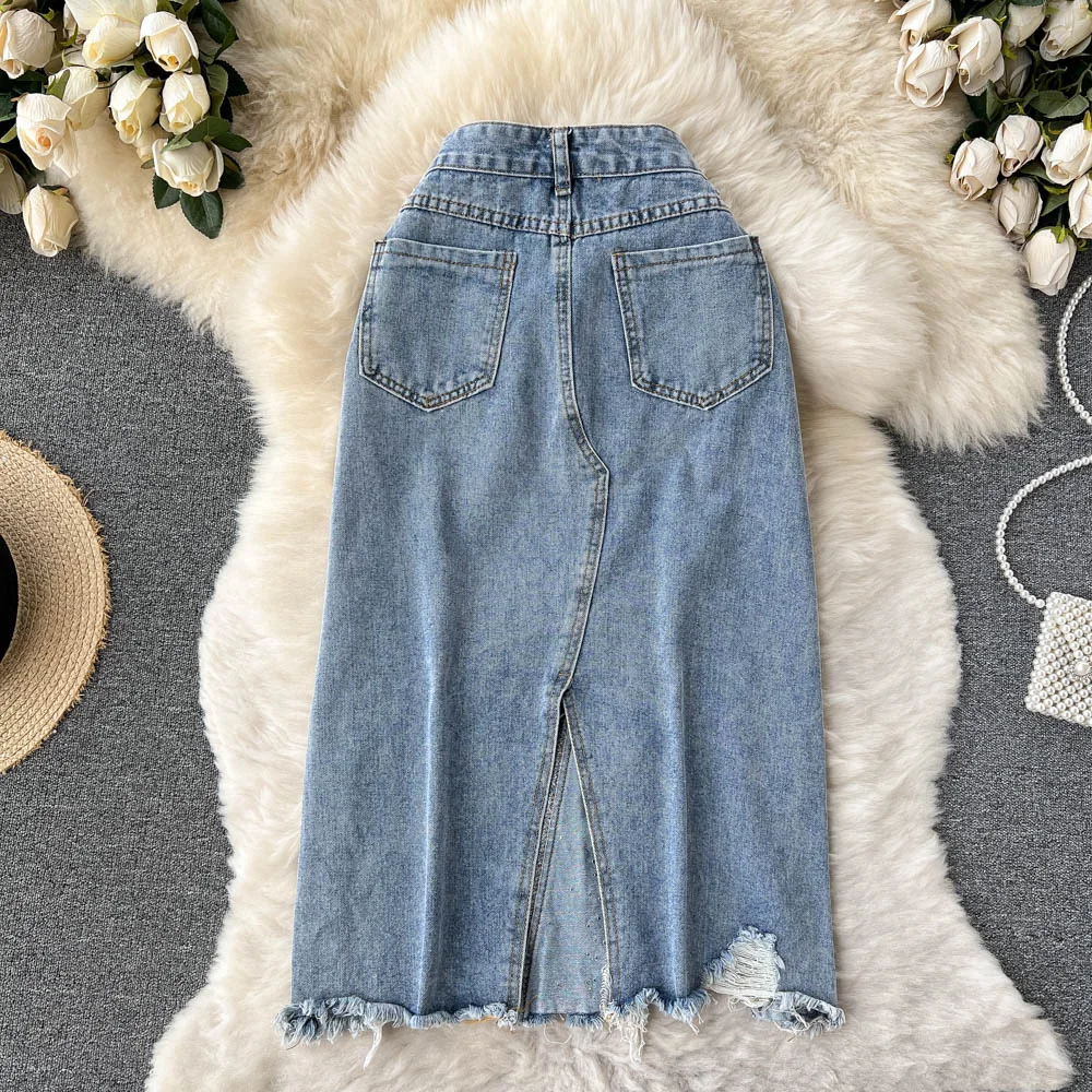 Pearls Beading Women Denim Skirts 2024 New Summer High Waist Split Ripped Holes Female Midi Jean Skirt Girls Streetwear