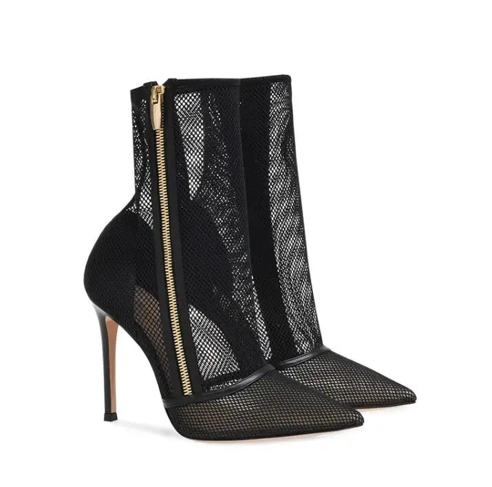 Sexy Black Mesh Ankle Boots Pointed Toe Thin High Heel Zipper Side Fashion Fishnet Summer Boots Ladies Short Boots