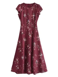 2022 Vintage French Style Wine Red Floral  Backless Split Midi Dress Elegant Woman Hollow Out Hole Short Sleeve Dresses Vestido