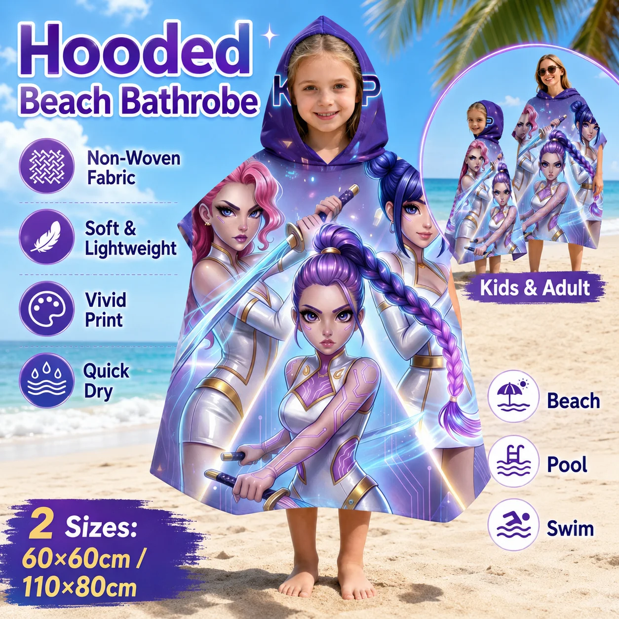 Toalla de Playa con Capucha de Anime K-POP, Diseño Plano de Guerrero Cyberpunk, Poncho de Microfibra Suave de Secado Rápido para Adolescentes