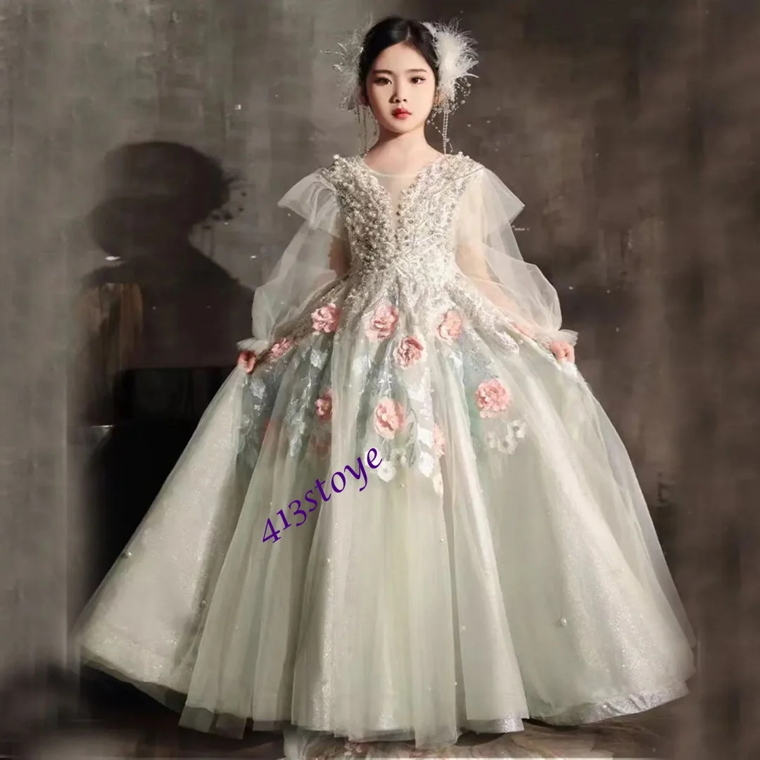 فستان فتاة فاخر مخصص من الكريستال الأخضر المريمية على شكل حرف a بأكمام طويلة للأطفال العربيات فستان الأميرة لحفلات الزفاف وأعياد الميلاد والعطلات