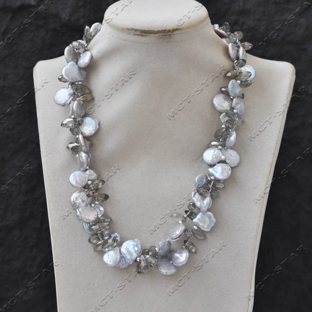 

2Strands 19" 20mm Gray Baroque Coin Pearl Faceted Drop Crystal Necklace (Z13793 )
