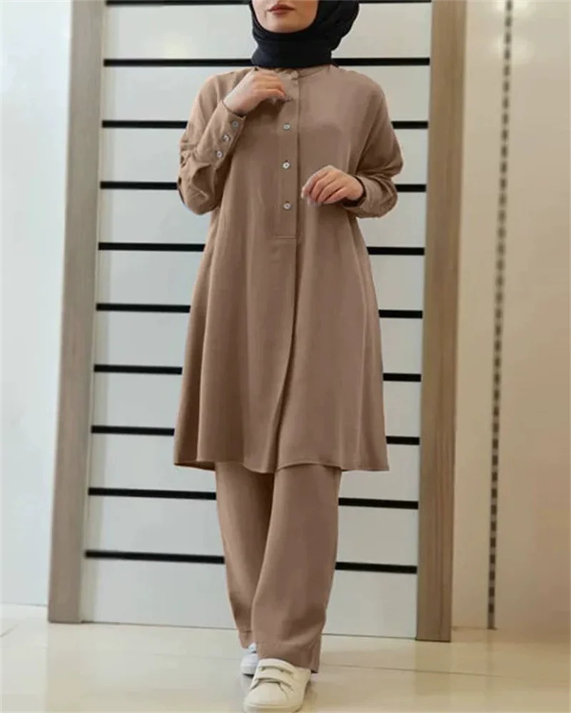 

Ramadan Morocco Islamic Muslim Women's Clothing New Solid Color Two Piece Set Shirt Pants Set Casual Loose Pants Set