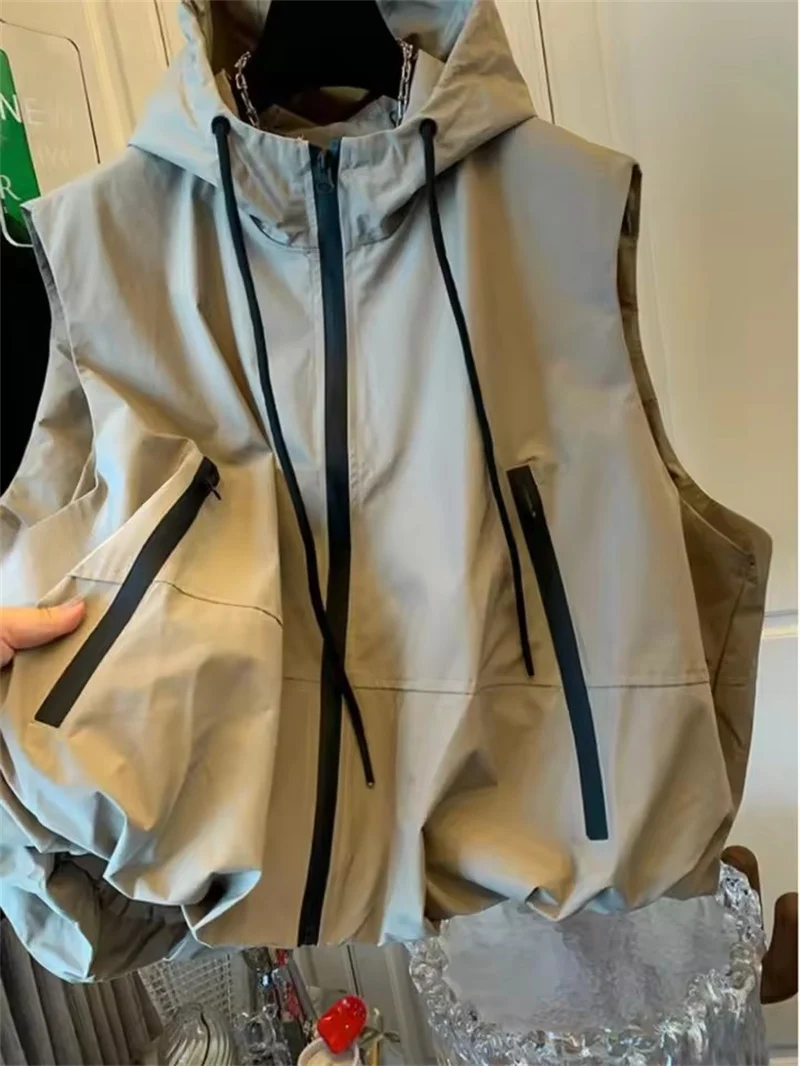 Fashion Hooded Vest Women's Casual Workwear Sleeveless Jacket  Zipper Commute Waistcoat Female Outwear