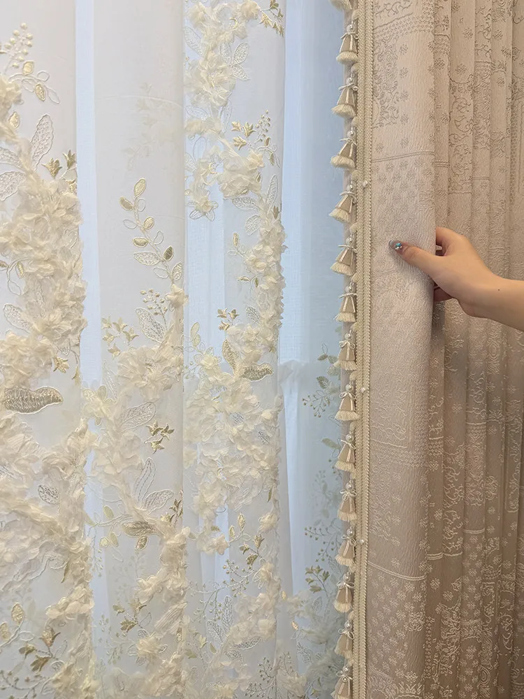 New Heavy Industry Embroidery Flower Petal Trailing French Window Bedroom Living Room Embroidery Window Screen White