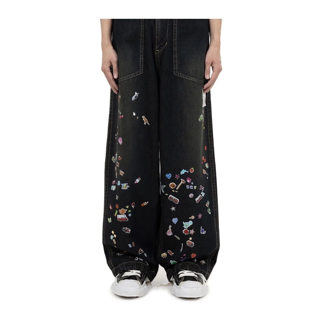

New MMY Sanyuan MIHARA Japanese Style Washed Water Distressed Fun Printed Denim Wide Leg Pants for Men