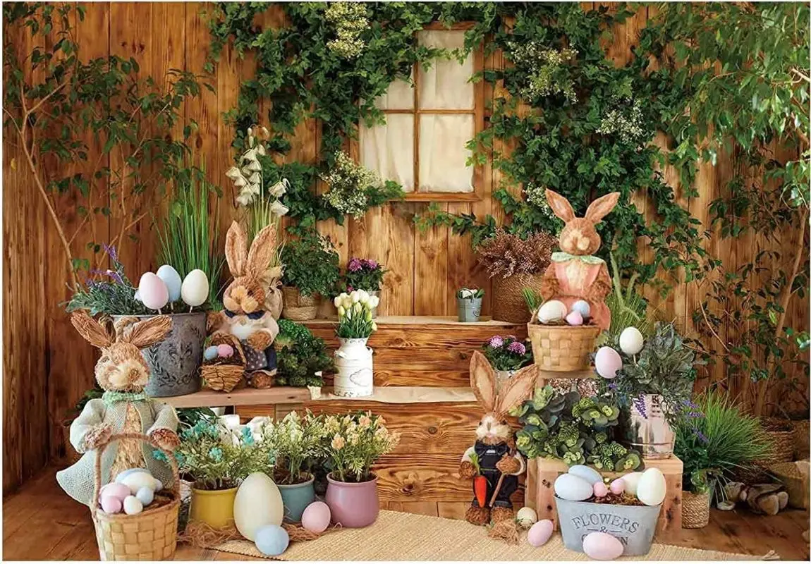 Easter Photography Backdrop Garden Wooden House Window Rabbit Floral Flower Eggs Newborn Children Banner Decoration Background