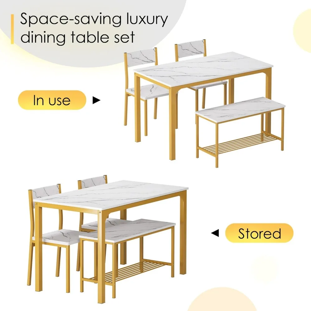 Juego de mesa de comedor para 4 personas, juego de mesa de cocina de 43,3 pulgadas, banco para 2 personas con estante de almacenamiento