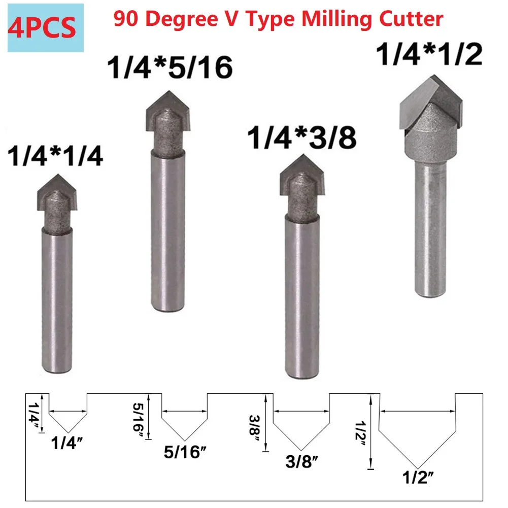 4pcs 1/4 Inch Shank 90 Degree V Groove Router Bit Set CNC Engraving Drill Bits  Cleaning Flush Trim Tenon Cutter For Woodworking