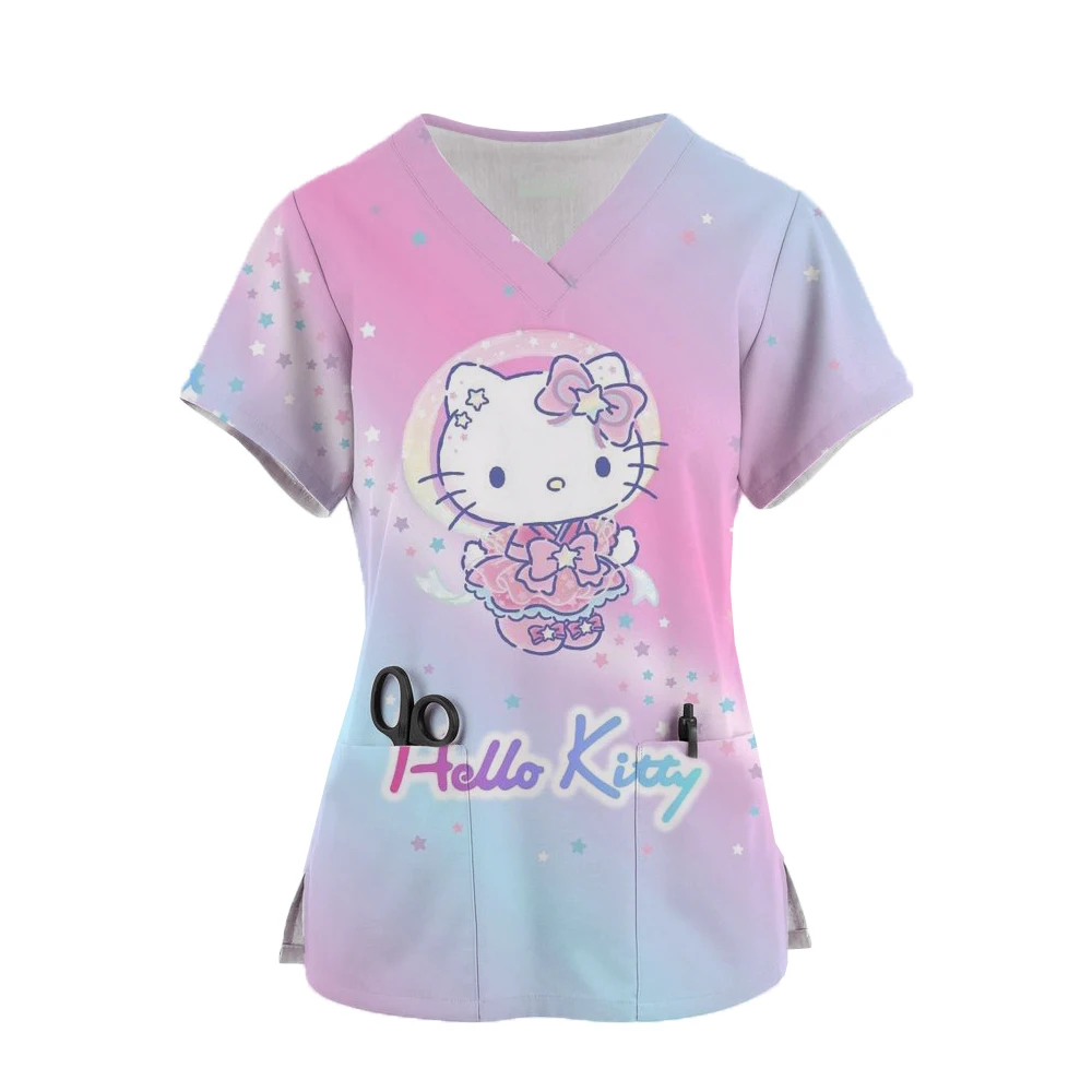 New 2024 Hello Kitty ChristmasPrint Nurse Uniform Women's Pocket Healthcare Nursing Scrubs Nurse Work Shirt Nursing Staff