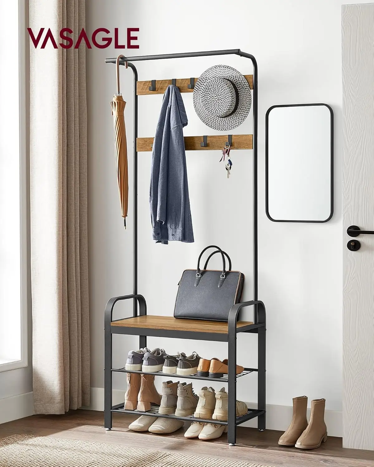 VASAGLE Coat Rack, Coat Stand with Shoe Storage Bench, 4-in-1 Design, with Removable Hooks, a Clothes Rail, 33.7 x 72 x 183 cm