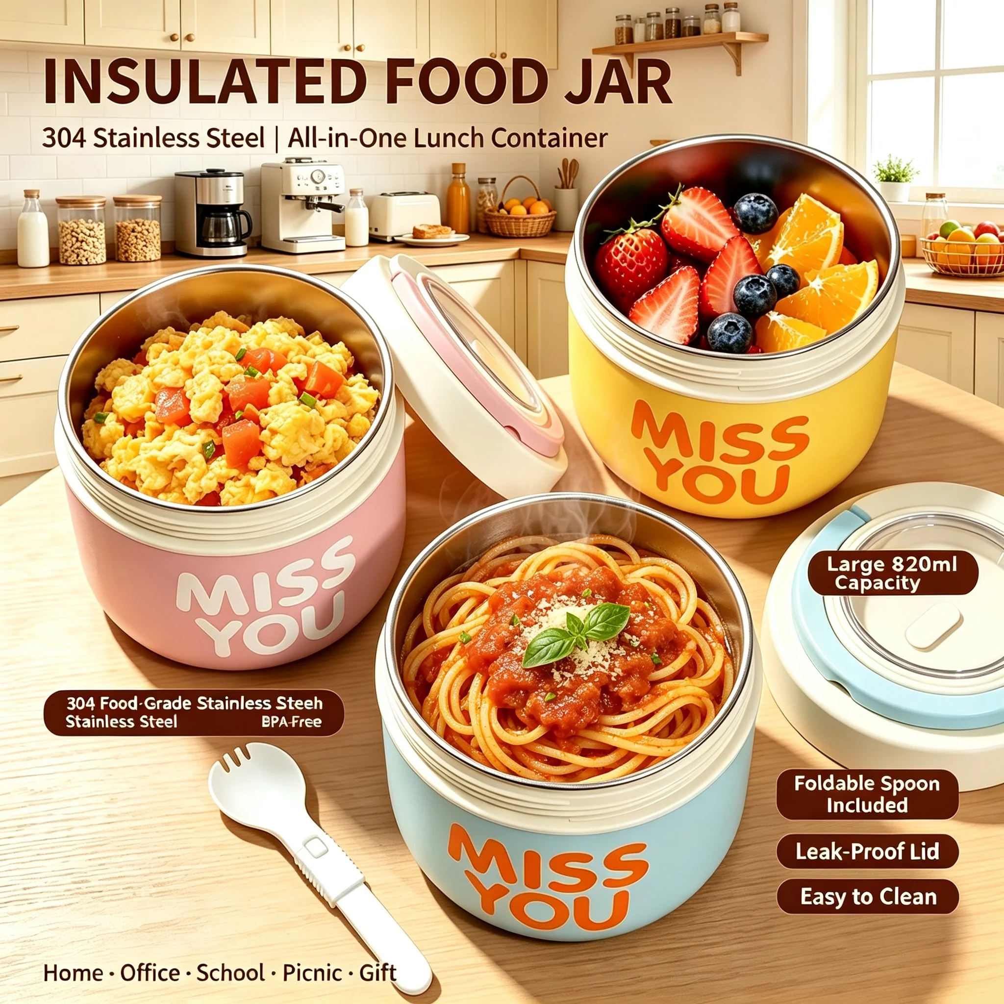 304 Stainless Steel Insulated Breakfast Cup, Large Capacity Fresh-Keeping Bowl, Portable Food Container for Office Workers, Lunch Box, Soup Cup, Fruit Salad Fresh-Keeping Lunch Box view 5