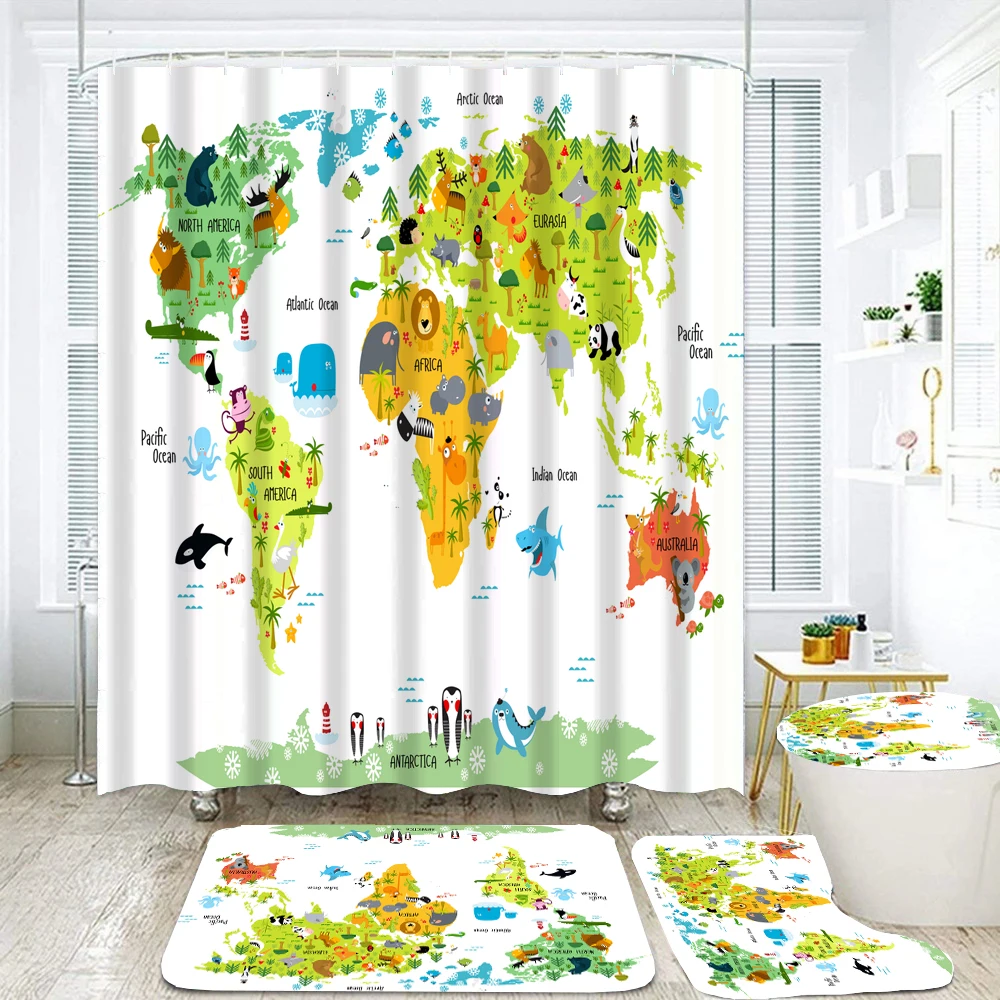 Cartoon Animal World Map Shower Curtain Set with Non-Slip Rugs Toilet Cover Bath Mat Kids Educational Geography Bathroom Curtain