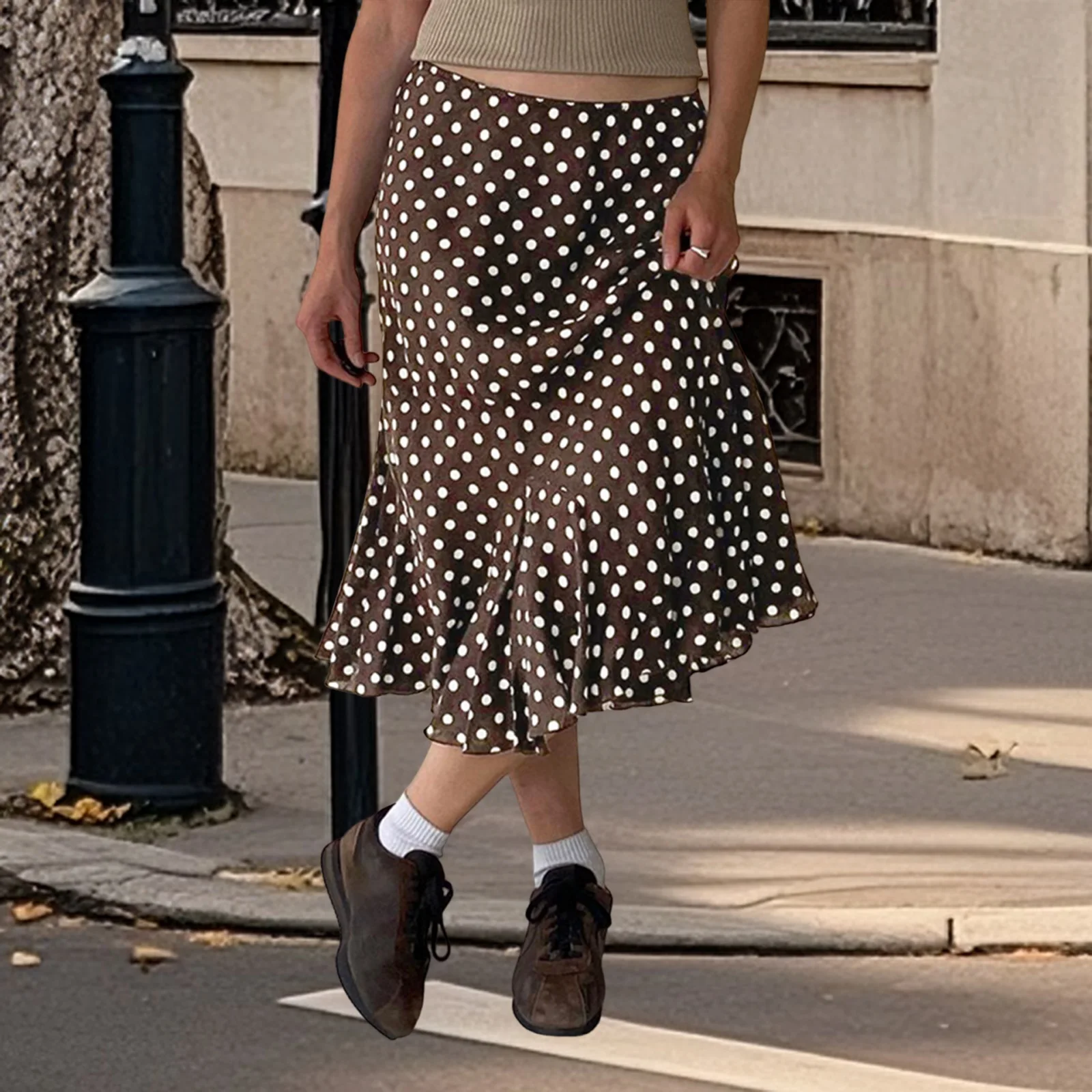 Women Summer Dot Print Skirts Casual Elegant Mid Rise Ruffled Hem Midi Skirt for Beach Vacation Streetwear