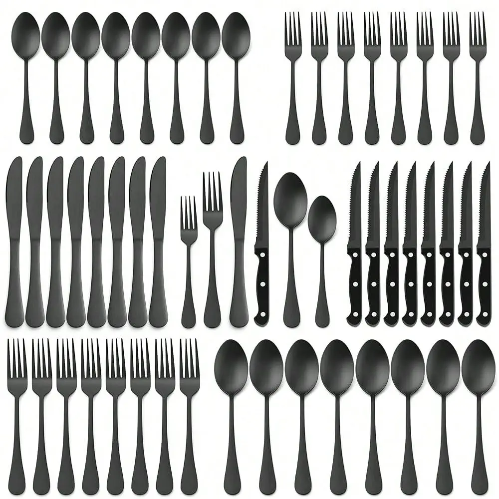 

48Piece Black Silverware Set With Steak Knives, Black Flatware Cutlery Set For 8, Stainless Steel Tableware Eating Utensils For