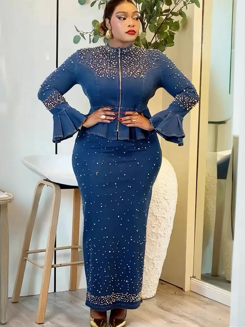 African Clothes for Women 2 PCS Sets Tops And Skirts Suits Dashiki Ankara Denim Outfit Plus Size Turkey Wedding Party Dresses
